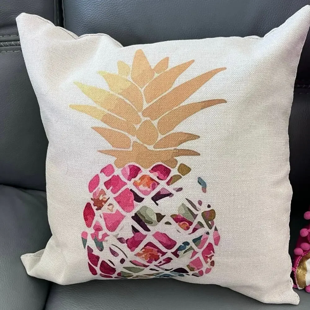 Pineapple Throw Pillows Flamenco Pom Pom Trim Tropical Beach Decor